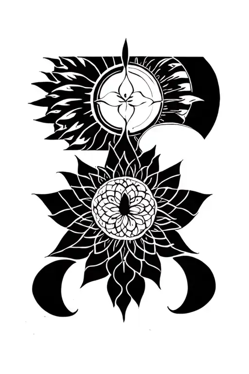 unalome symbol, lotus flower, anahata chakra symbol, sun and moon symbol tattoo design idea