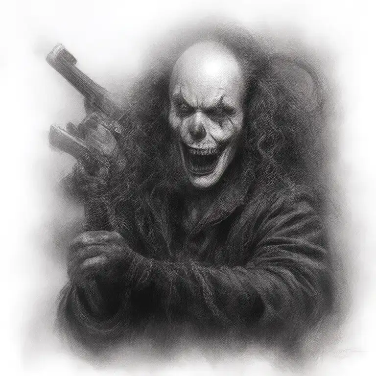 scary clown with gun to grim reaper's head tattoo design idea