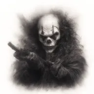 scary clown with gun to grim reaper's head tattoo design idea