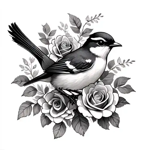 wren bird and roses tattoo design idea
