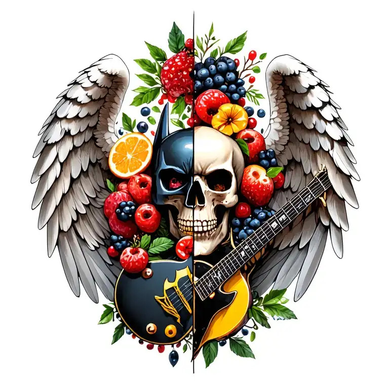 angel wing half with candy, berries, fruit, flowers, other half rock N roll, metal music, skull, guitar, batman   tattoo design idea