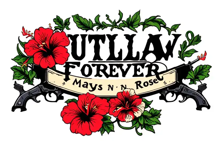 "Outlaw Forever" guns n roses mayflowers hibiscus tattoo design idea