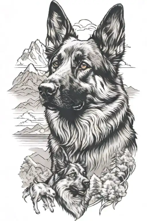 A detailed black and grey portrait of a german shepherd and border collie with a mountain landscape in the background tattoo design idea
