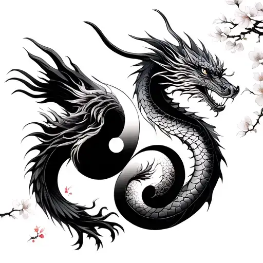 dragon and crane both in yin and yang, with cherry blossom  tattoo design idea