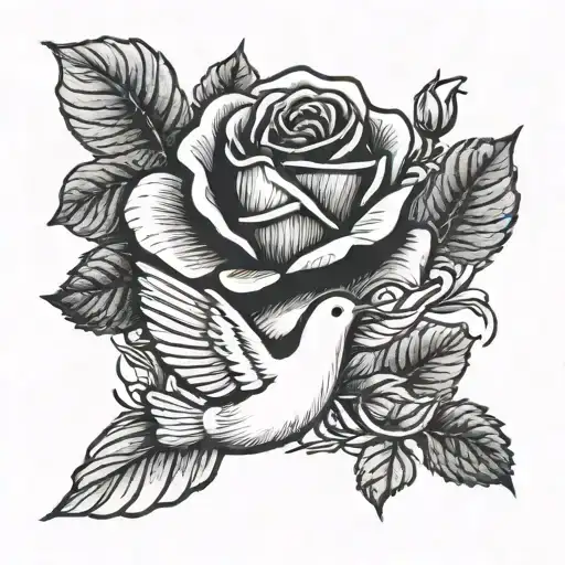 Small rose with stem with dove flying away tattoo design idea