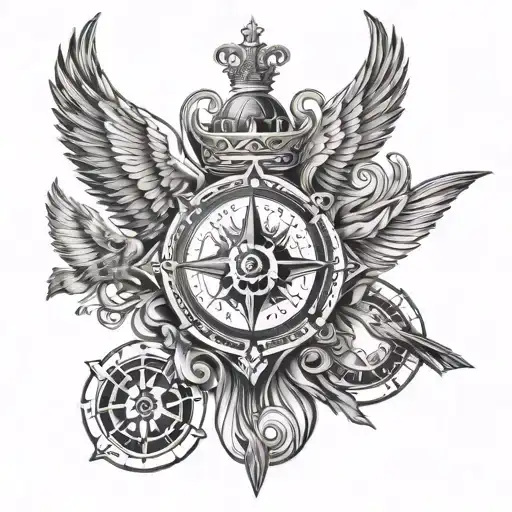 compass with arrow piercing over a phoenix bird wearing a crown and two playing cards ace of hearts and ace of spades tattoo design idea