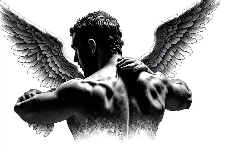 Create a photorealistic image of a man's back with the same angel wings tattoo design as the reference image. Keep the w tattoo design idea