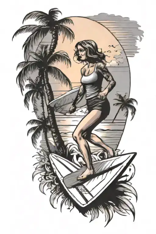 beach palm tree girl with surfer board sunset scene tattoo design idea