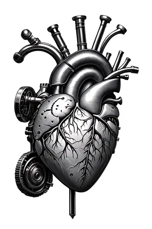 Generate a hyper-realistic tattoo design depicting an anatomically correct, mechanical heart in a steampunk style. The h tattoo design idea