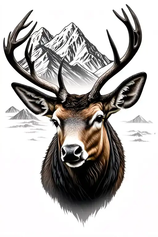 realism elk head with mountain range back ground looking tattoo design idea