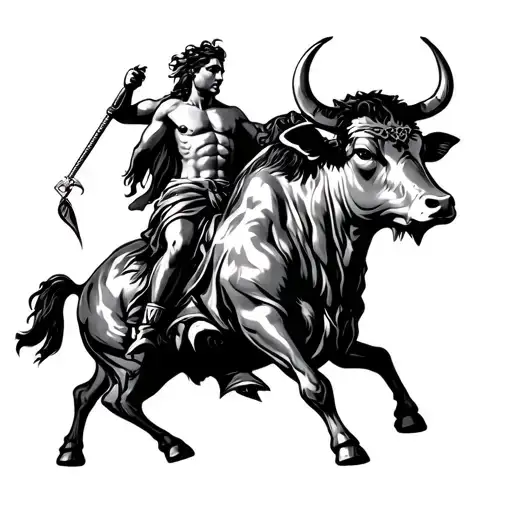 The zodiac sign Gemini riding a bull, in fantastic Greek mythology tattoo design idea