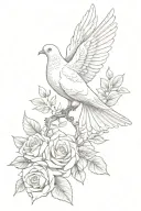dove perched holding olive branch surroudned by roses  tattoo design idea