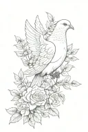 dove perched holding olive branch surroudned by roses  tattoo design idea
