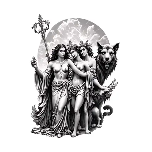 Greek inpired tattoo of Hades and Persephone greek godess with Cerberus in the background tattoo design idea