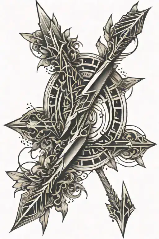 "Sleek spine tattoo: arrow with roots at base, water on shaft, Venus, conjunction, and lead symbols in fletching and tip tattoo design idea