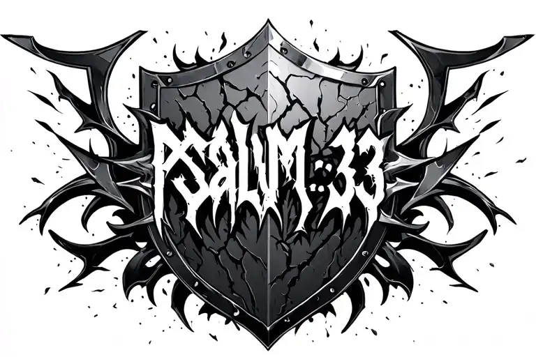 "PSALM 3:3" chrome tribal shield, chaotic razor-sharp tribal linework, asymmetrical design, battle-worn chrome cracks tattoo design idea