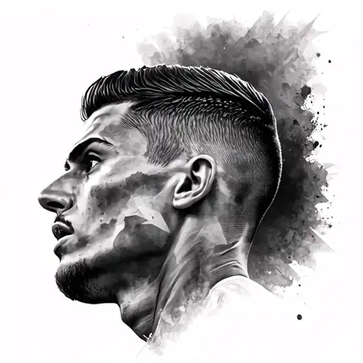 Realistic black and grey tattoo of Cristiano Ronaldo portrait,strong masculine face, intense focused eyes,high contras tattoo design idea