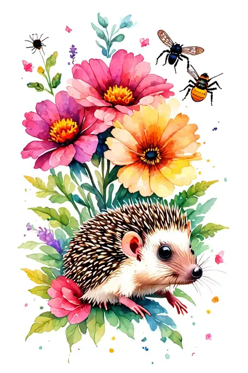 hedgehog, jumping spider, flowers and insects tattoo design idea