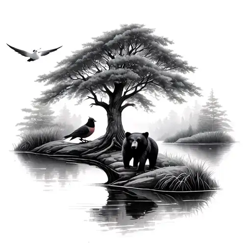 willow tree on a grass river bank with a black bear. Then two cardinals sitting and a white dove flying tattoo design idea