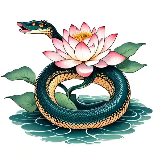 snake and lotus flower blooming tattoo design idea