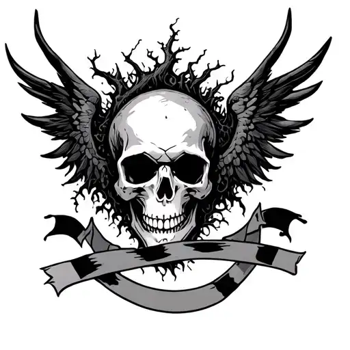 poison tree with tape going around it skull wings tattoo design idea