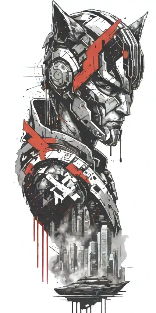 cyberpunk city with a spartan helmet above and a wolf tattoo design idea