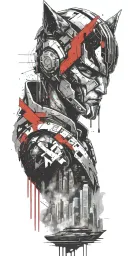 cyberpunk city with a spartan helmet above and a wolf tattoo design idea