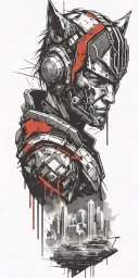 cyberpunk city with a spartan helmet above and a wolf tattoo design idea