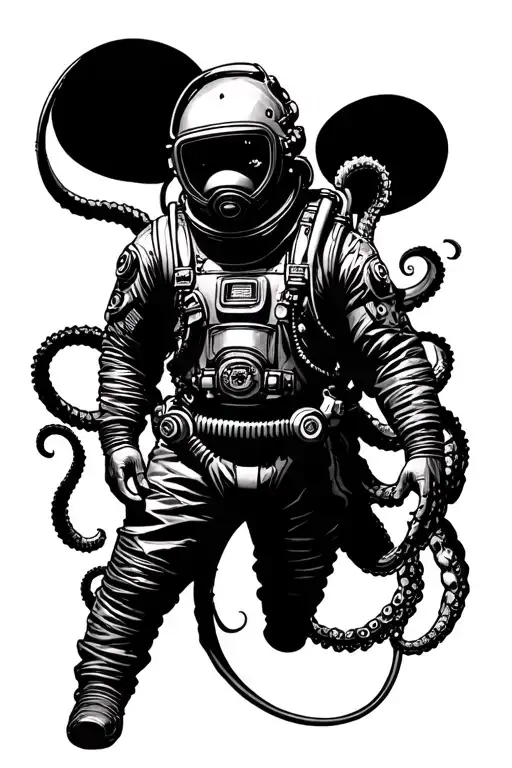 Divers suit (like big daddy from bioshock) that is looking foward with tentacles behind him tattoo design idea