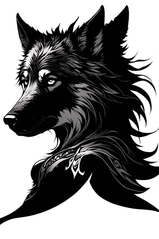 warrior princess and wolf silhouette tattoo design idea