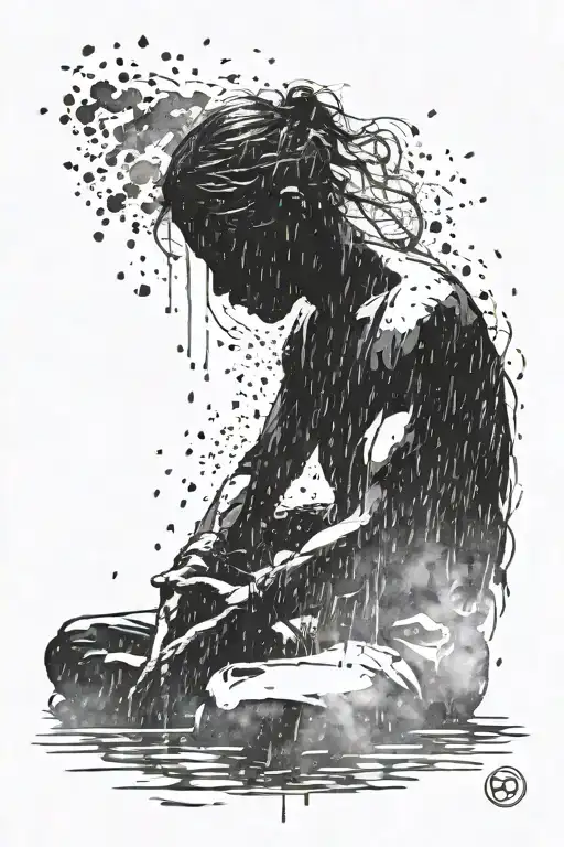 silhouette of sexless person meditating, rain shower tattoo design idea