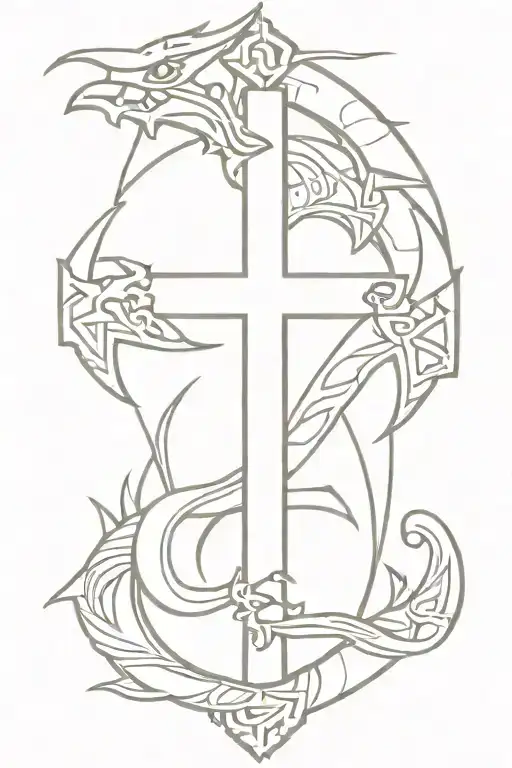 small cross with Aztec dragon wrapped tattoo design idea