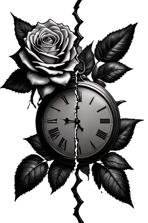 broken clock with rose surrounded tattoo design idea