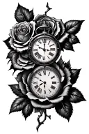 broken clock with rose surrounded tattoo design idea
