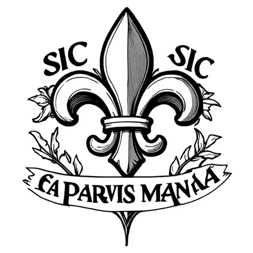Fleur-de-lis with sic parvis magna text tattoo design idea