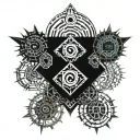 sigils intertwined, tired eye, spikes tattoo design idea