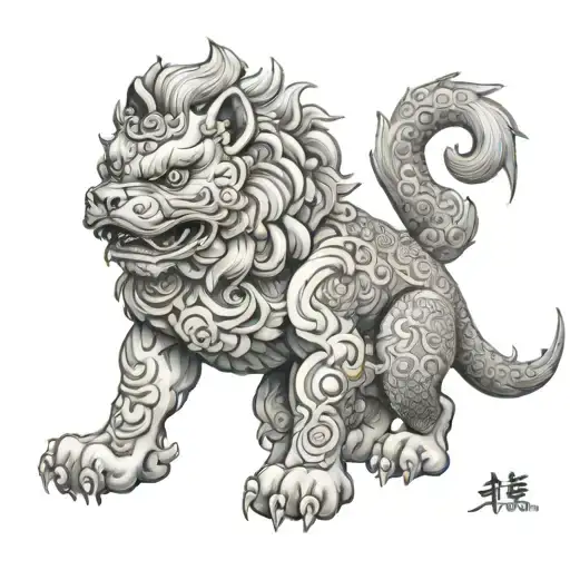 Female Japanese foo dog with cub tattoo design idea