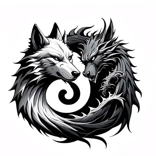 A stylized wolf and dragon intertwined in a yin-yang symbol, symbolizing balance and harmony between the client's favorite animals tattoo design idea