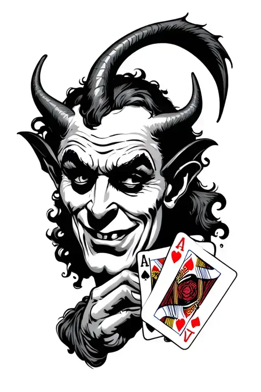 1920s cartoon style tattoo, devil holding playing cards front of his face tattoo design idea