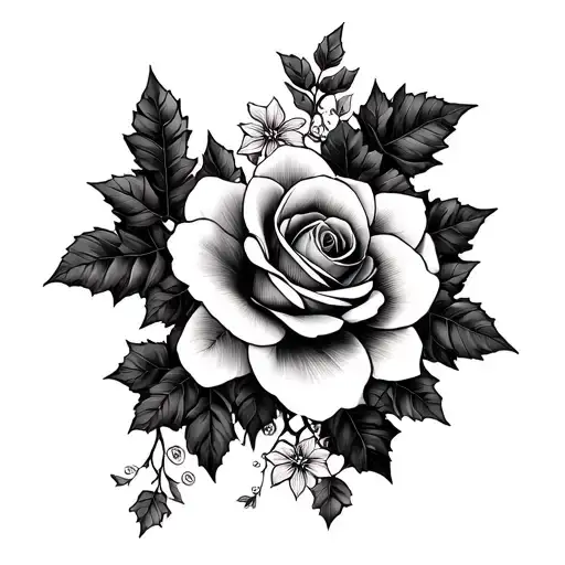 dark floral hip tattoo design featuring ivy, roses and pointsettia that climbs down the hip tattoo design idea