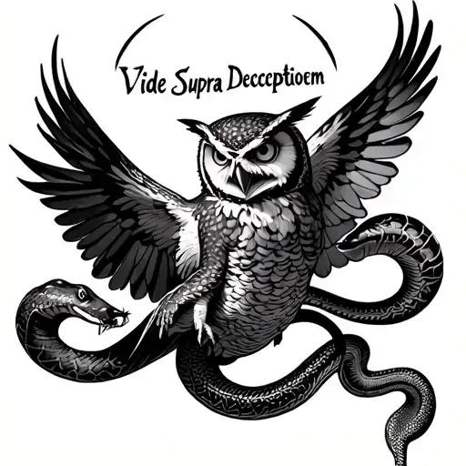 "Vide Supra Deceptionem" owl flying with a 2 headed snake in its claws. 1 head menacing and wants to bite, other is calm and peaceful tattoo design idea