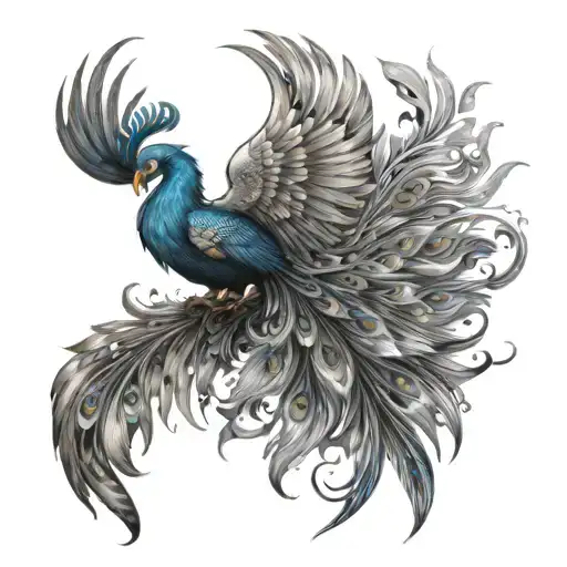 phoenix with blue fire and peacock feather tattoo design idea