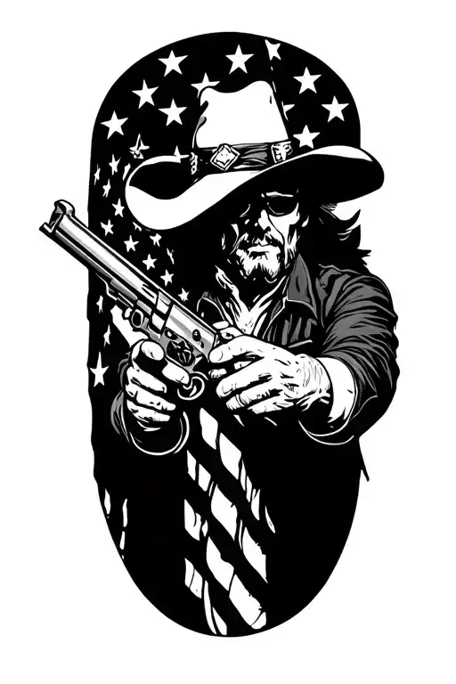 american flag outlaw gunslinger holding a deck tattoo design idea