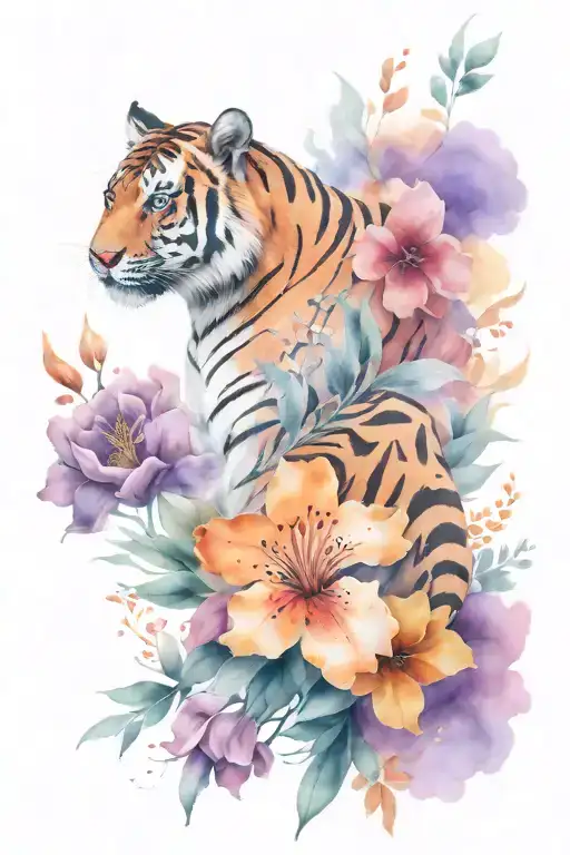 walking tiger flowers blooming tattoo design idea