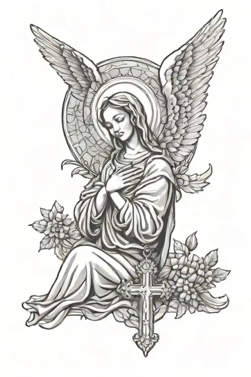 Holy virgin praying with closed eyes Angel 10/30/1978 Rosary Eagle Dove tattoo design idea
