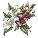 two blooming Hawthorne flowers and a blooming Lilly flower with the Hawthorne leaves as a background  tattoo design idea