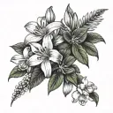 two blooming Hawthorne flowers and a blooming Lilly flower with the Hawthorne leaves as a background  tattoo design idea