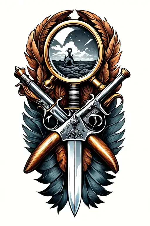 flintlock pistol crossed with cutlass sword crossed with magnifying glass crossed with quill pen tattoo design idea