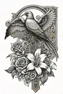 cross with lilium flowers with dove and raven perched on top tattoo design idea