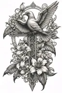 cross with lilium flowers with dove and raven perched on top tattoo design idea